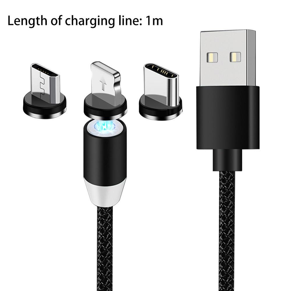 360 Degree Magnetic Charging Cable for Android/ Apple/ Magnetic Circular Aluminum Alloy, TPE, Copper Core, LED Light: Black / 1m