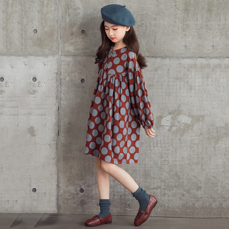 Teen Girls Polka Dot Princess Dress Autumn Korean Children Clothes Kids Girls Casual Dresses Cotton Dress, #9128
