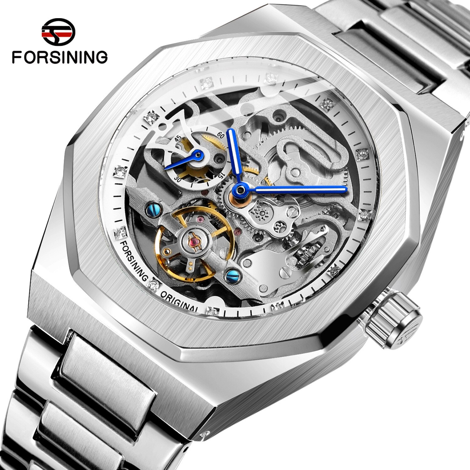 Forsining Automatic Mechanical Watch Luminous Three Eyes Six Needles Skeleton Top Brand Luxury Male Wrist Watch Wrist Clock: silver silver