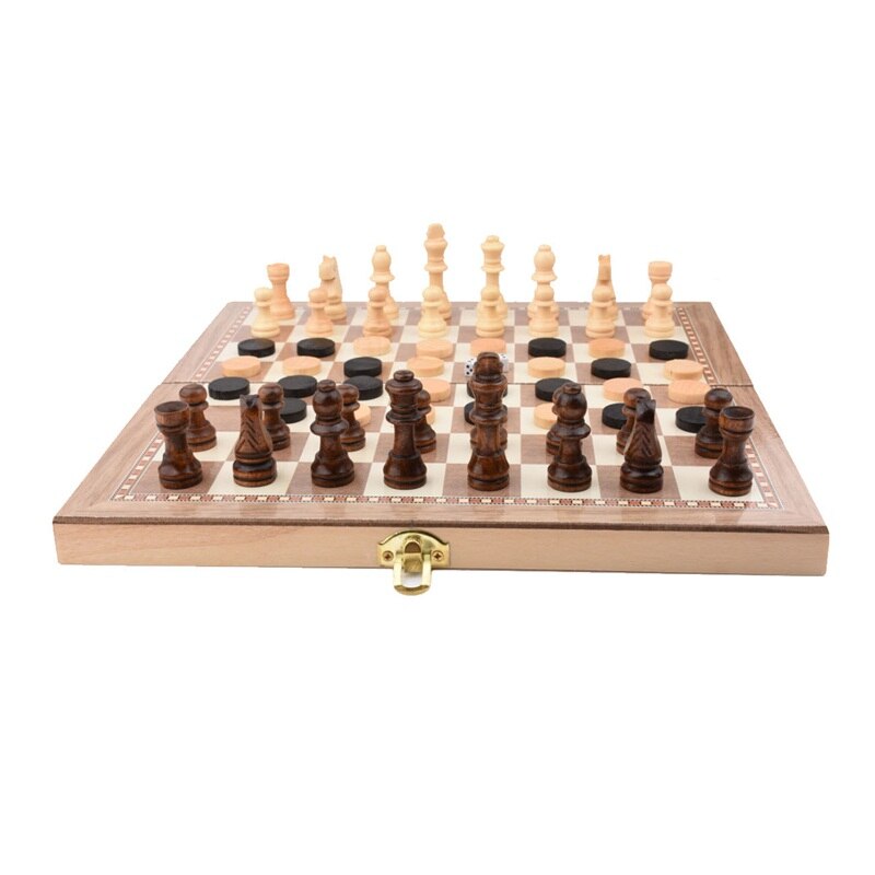 Folding Wooden International Chess Checkers Set Foldable Board Game Funny Game Chessmen Collection Portable Board Game For Kid