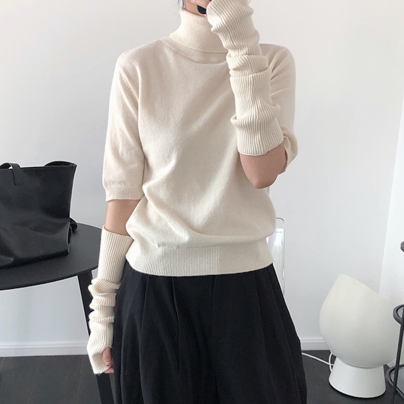 Twotwinstyle koreanske strikkede ærmer til kvinder kausal minimalistisk overdimensionerede beige elasticitetshandsker femle vinter