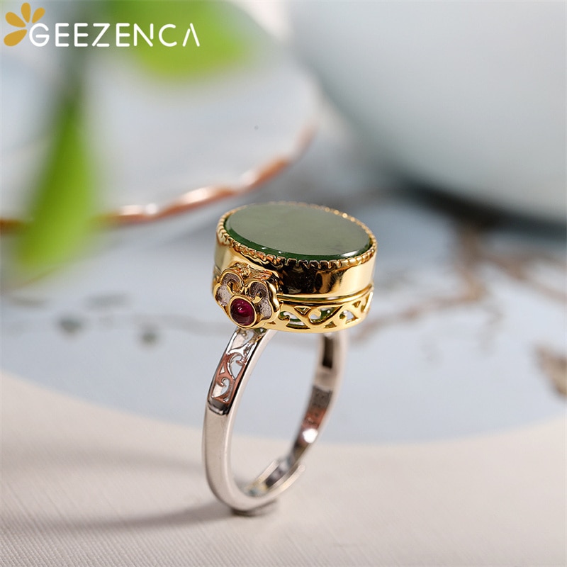 GEEZENCA S925 Silber- Jade Jasper Medaillon Ring Anhänger Jahrgang Luxus Openable Glücklich Ringe Anhänger Schmuck setzt ohne Kette