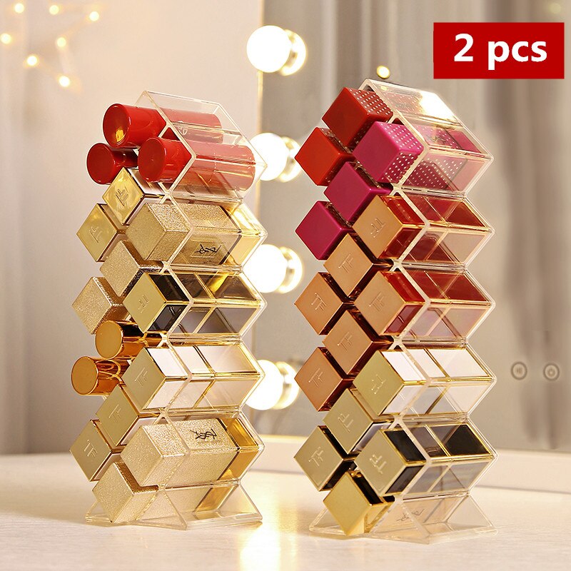 48/32/16 Lattices Plastic Lipstick Organizer Standing Makeup Storage Rack Table Lip Gloss Holder Transparent Cosmetics Container: 32 Lattices