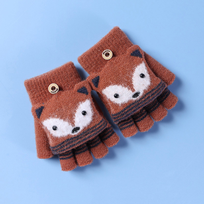 Leuke Cartoon Vos Kinderen Handschoenen Zachte Warme Gebreide Halve Vinger Jongens Meisjes Handschoenen Winter Outdoor Vijf Vingers Baby Handschoenen wanten: Coffee