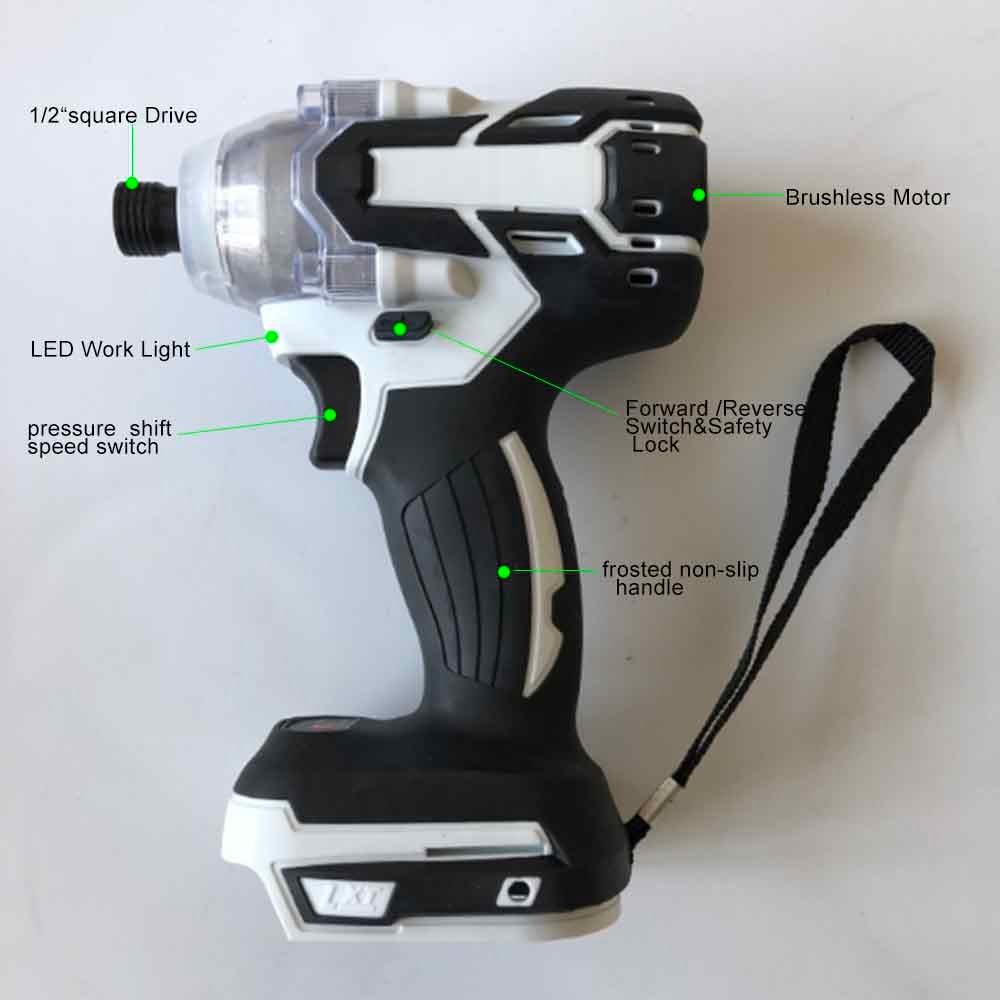 Electric Impact Wrench Driver Body LED Lights Loosening Bolt Nuts Switch Trigger Control Forward Reverse Rotation Power Tools