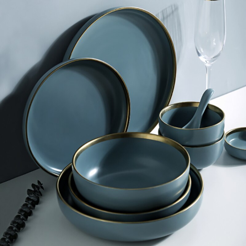 Pink/blå keramik guld indlæg tallerken sæt bøf mad tallerken nordisk stil komplet bordservice skål fad porcelæn spisestel sæt