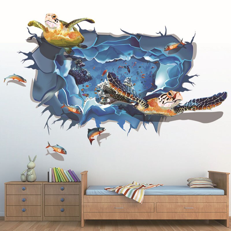 3d blå hav verden skildpadde væg klistermærke fisk mærkater koral hus dekoration til børneværelse gulv stue tapet hjem indretning: Pc0953