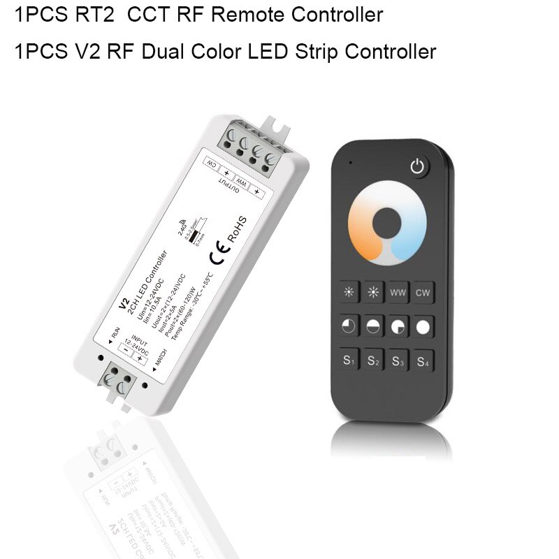 Ww Cw Led Controller Dc 12V 24V 2CH 10A 2.4G Draadloze Afstandsbediening Rf Led Dimmer voor Cct Daul Wit Led Strip Licht: V2-RT2
