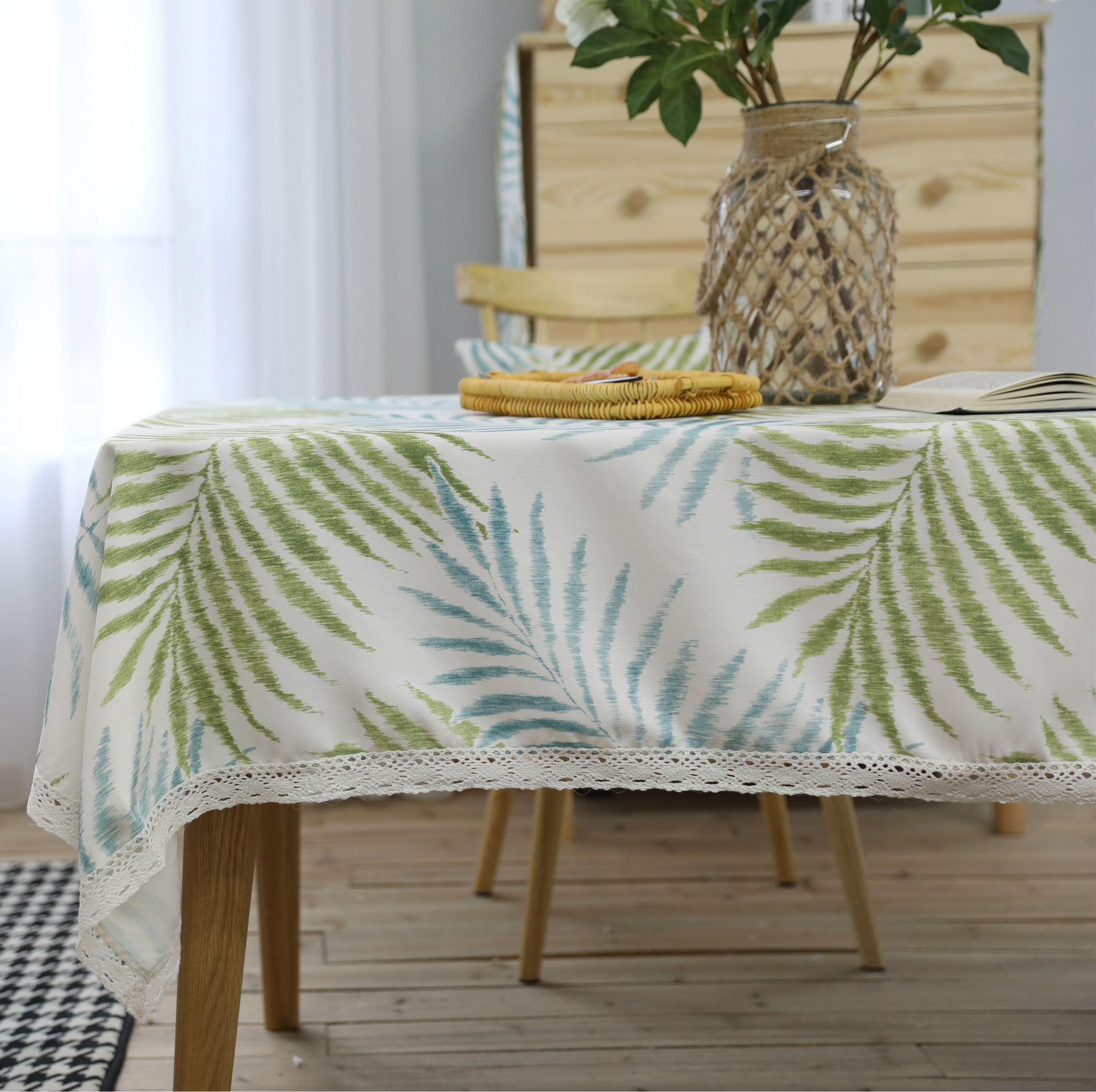 Amerikaanse Land Stijl Verse Groene Bladeren Gedrukt Tafelkleed Katoen Salontafel Cover Hulsel Rectangulaire Tafelkleed