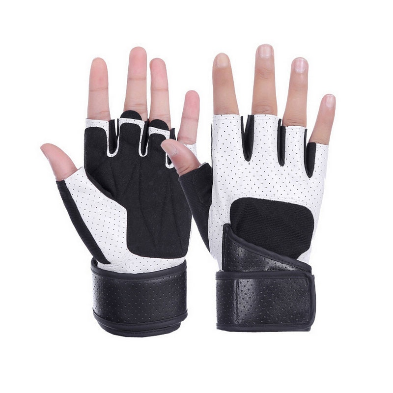 Guantes de cuero para levantamiento de pesas, de medio dedo, para entrenamiento, soporte de muñeca, transpirable, para gimnasio, deporte, Fitness
