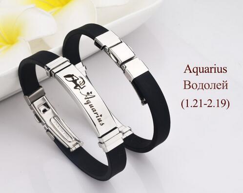 LOULEUR Silicone Zodiac Sign Bracelet for Men Women Stainless Steel Clasps Gemini Scorpio Zodiac Virgo Bracelet Men Jewelry: AQUARIUS