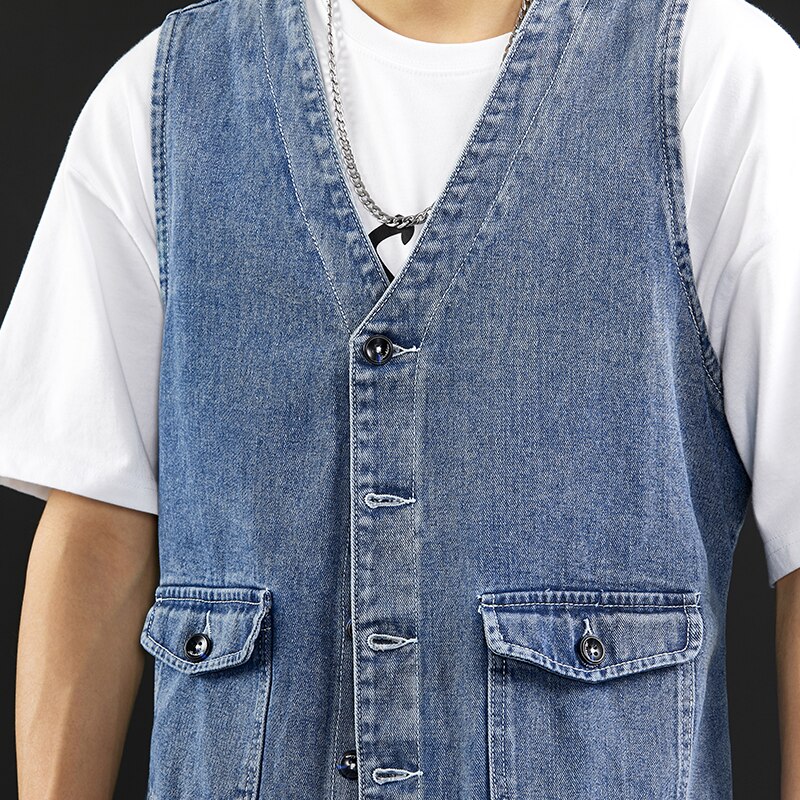 Chaleco vaquero de estilo clásico para hombre, camiseta ajustada sin mangas informal con cuello en V, chaqueta vaquera, abrigo, etiqueta azul, novedad de