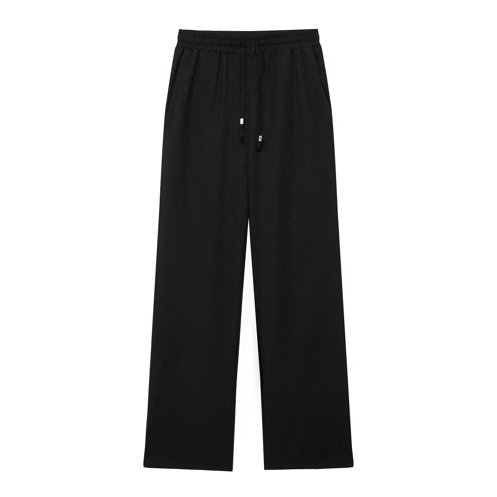 Summer Thin Linen Women Pants Drawstring High Waisted Side Pockets Full Length Straight Pant Female Trousers