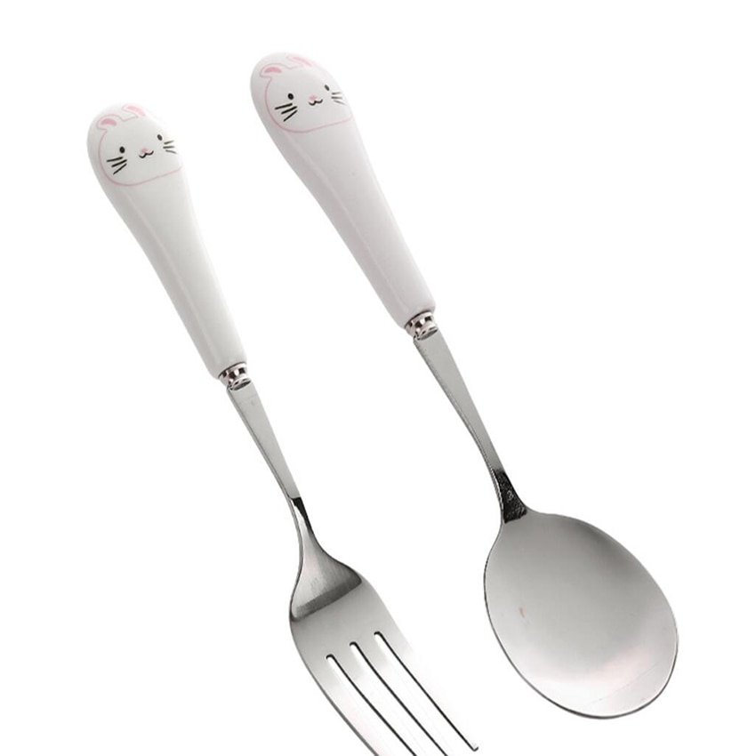Tenedor con dibujo de gato con mango largo de acero inoxidable, cuchara agitadora, fruta, tenedor, cuchara café, mango de cerámica, 1 ud.