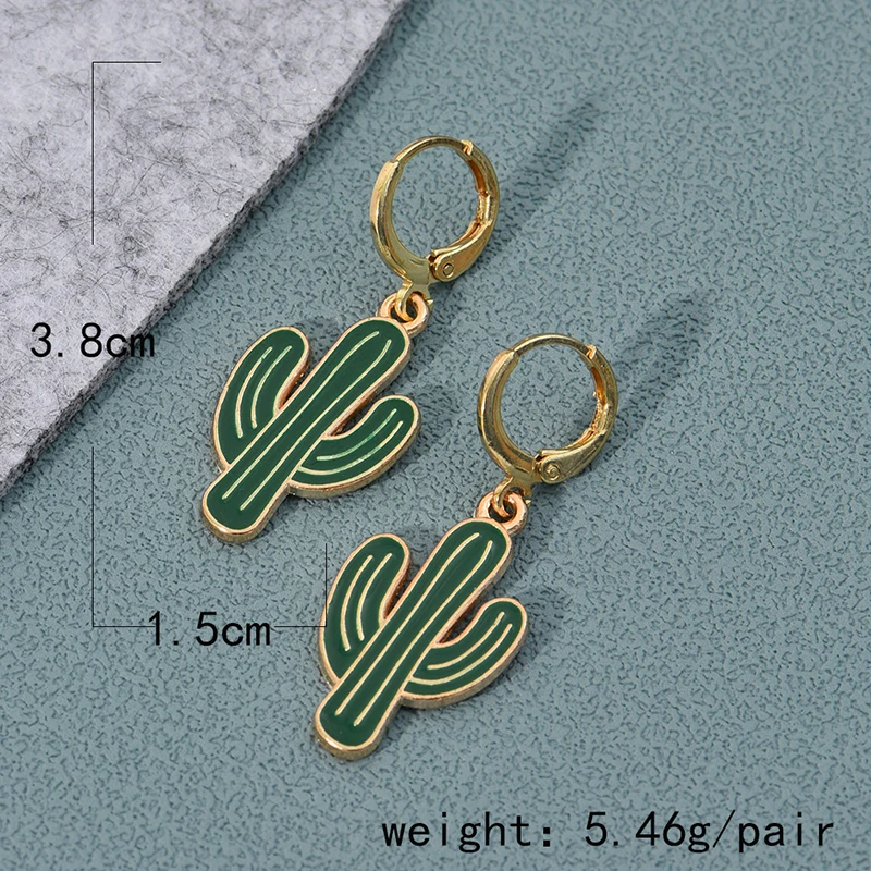 Pendientes de aro de Color dorado con forma de planta de Cactus y hoja esmaltada colorida para mujeres y niñas, pendientes Vintage bohemios con goteo de aceite, de joyería