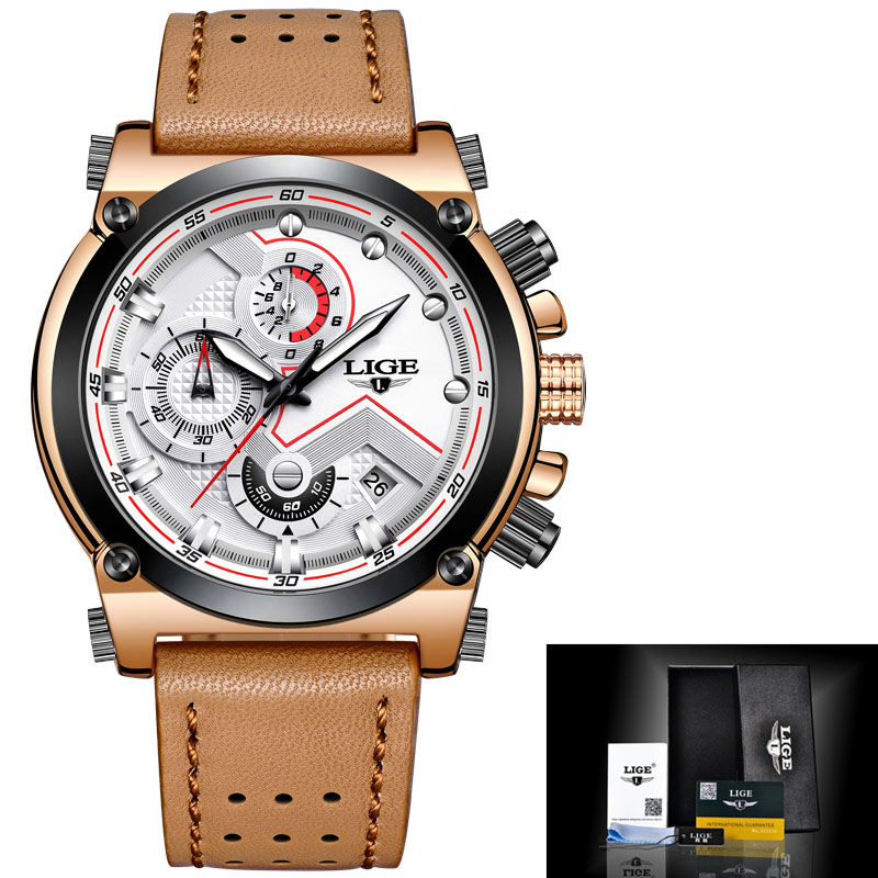 LUIK Horloges Heren Top Luxe Mode Creatieve Chronograaf Lederen Waterdichte Quartz Horloge Relogio Masculino: silver Brown White