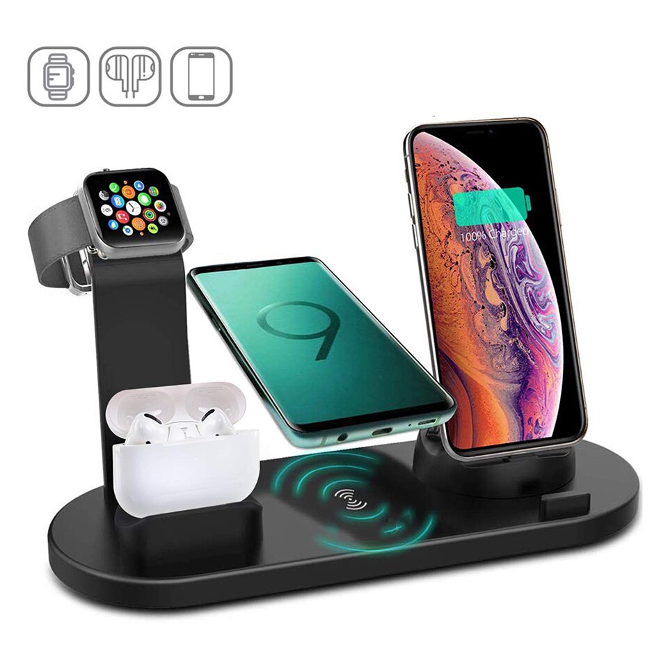 KEPHE 4 in 1 Wireless Charger Induction Charger Stand For iPhone 11 Pro X XS Max XR 12 Airpods Pro Apple Watch Docking Station: Black Without Plug