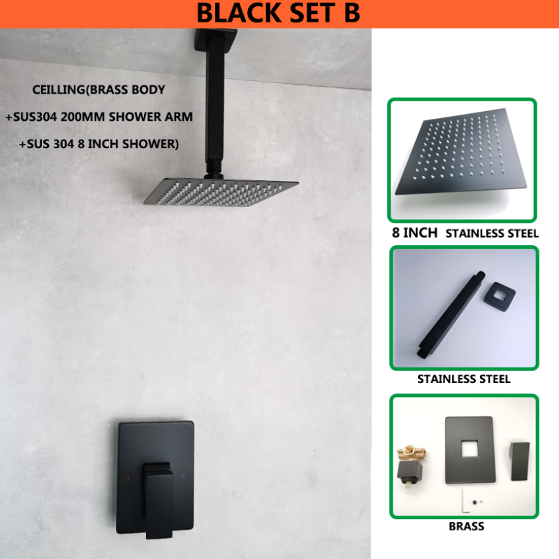 Matt Black Ultra Thin Square 8 Inch 304 Stainless Steel or ABS Top Shower Concealed In Wall Head Shower Set System