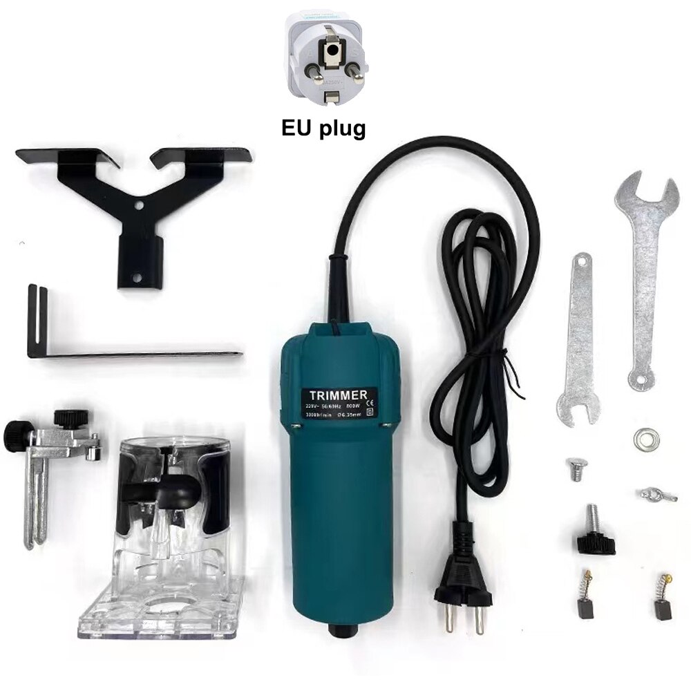 800W 30000rpm Wood Electric Hand Trimmer Woodworking Engraving Slotting Trimming Hand Carving Machine Wood Router Joiners Set: Green EU plug