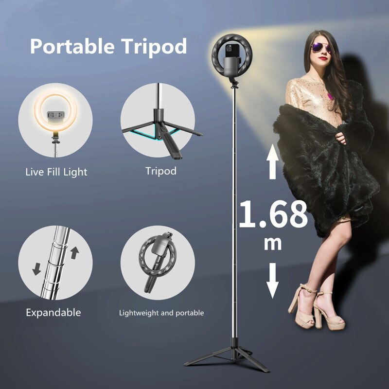 Cool dier 1680mm stor trådløs selfiestang stativ sammenleggbar led-ringfotograferingslys med bluetooth-kompatibel lukker