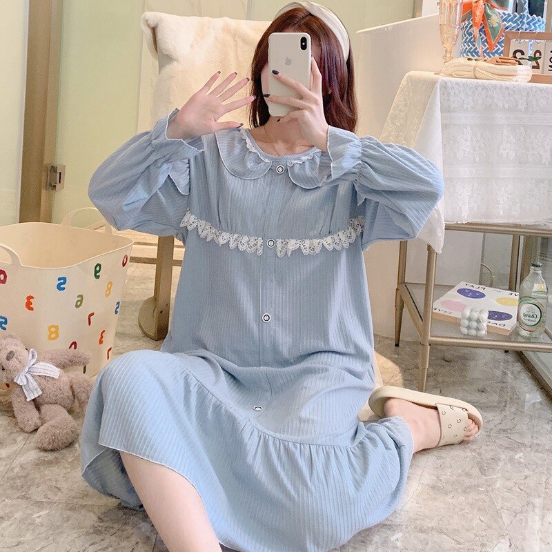 2022 Lente Lange Mouwen Katoenen Losse Lange Jurk Nightgowns Voor Vrouwen Koreaanse Nachtkleding Homewear Nachtjapon Nachthemd Thuis Nachtjapon: Sky Blue / Xxl