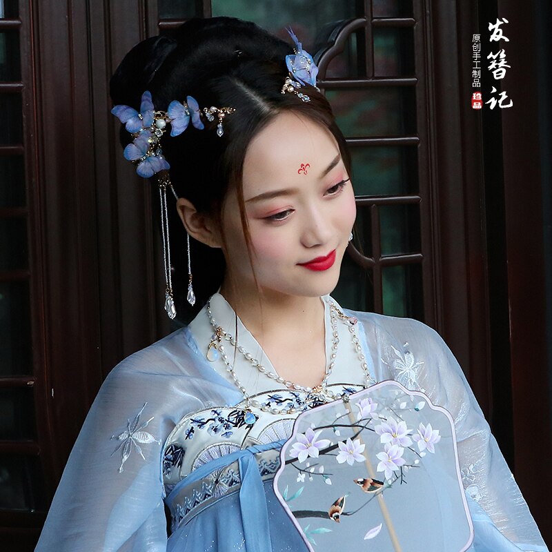 Accesorios chinos hechos a mano para el cabello Hanfu, horquilla para disfraz, tocado, accesorios clásicos de paso sacudida, pinza de pelo de mariposa de tul para chica