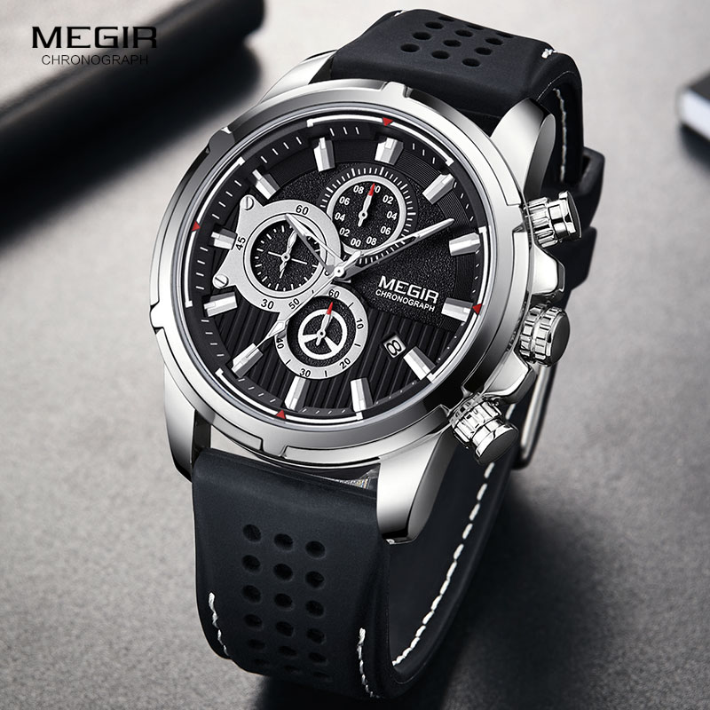 Megir army sports quartz horloges heren chronograaf siliconen band polshorloge luxe topmerk relogios mascuoino klok 2101 zilver