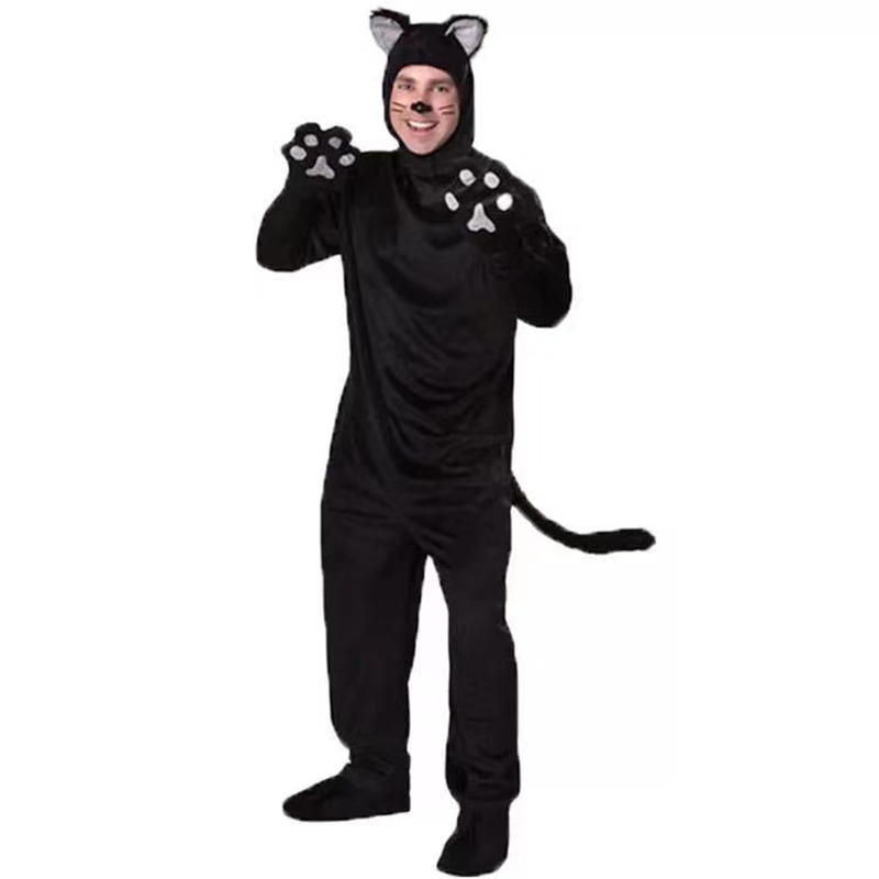 Costume de cosplay de chat noir pour hommes et femmes, grenouillère animale, combinaisons de danse, accessoires de fête d'Halloween, adulte: M