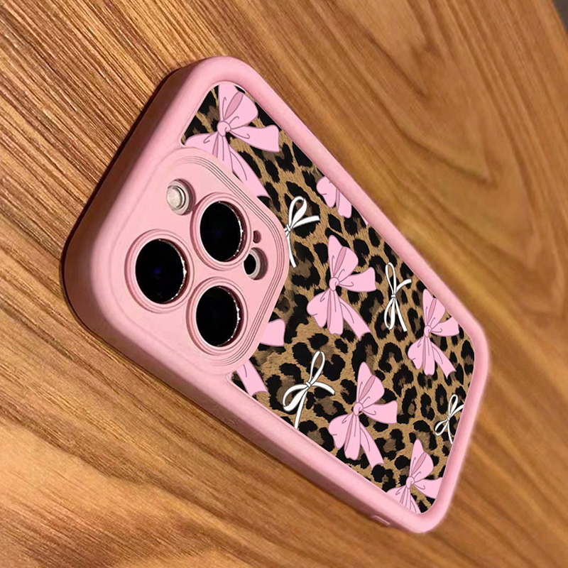 Para iPhone 15 funda con lazo rosa y estampado de leopardo para iPhone 11 12 13 14 16 Pro Max XS X XR 7 8 Plus SE 2022