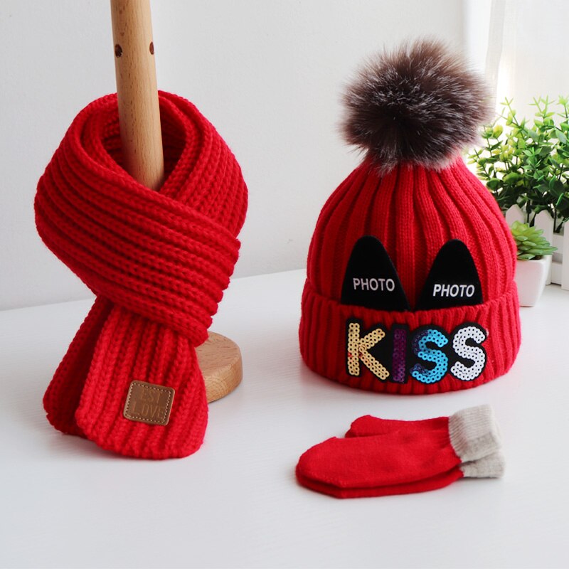 Conjunto de tres piezas de guantes para sombrero y bufanda para niños y niñas, en otoño e invierno, precioso gorro de lana tejido y bufandas cálidas
