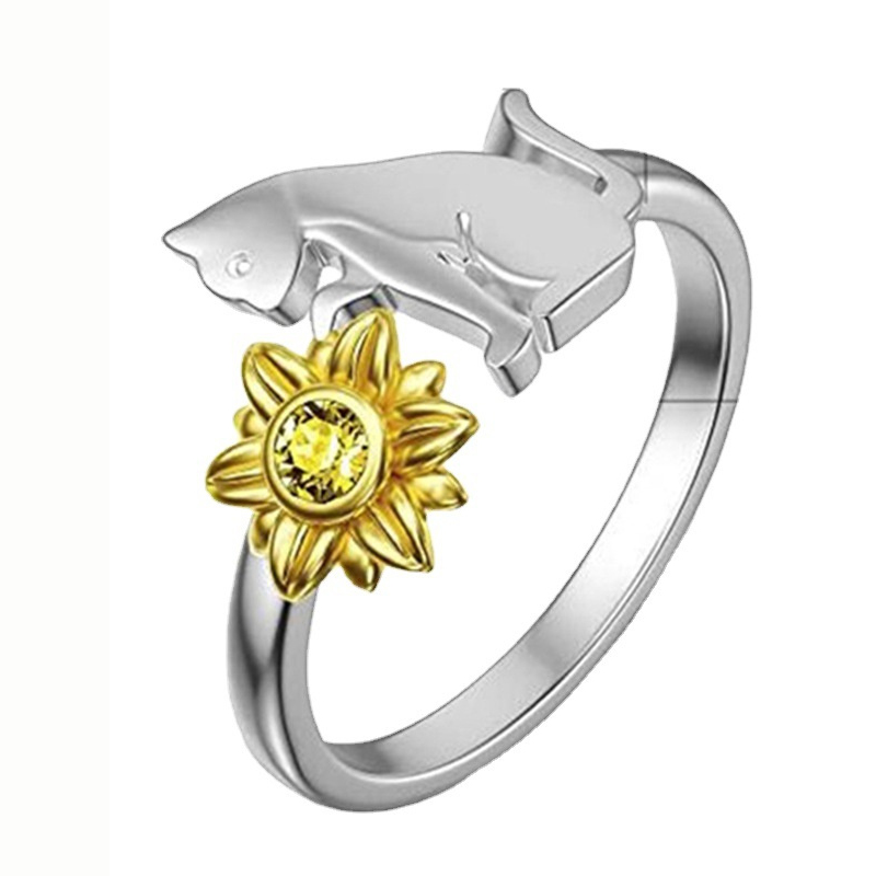 Niedliche sonnenblumen-katzenringe für damen und mädchen, mein sonnenschein-katzenring, hübsche tierringe, Party-Jahrgang-schmuck, anillos.