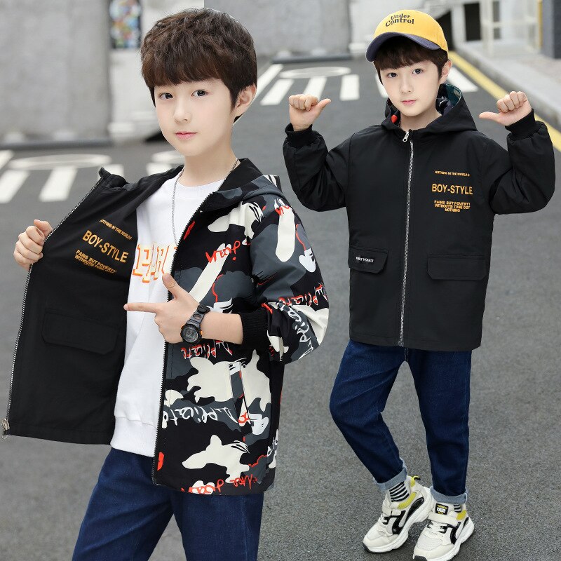 Kids Jongens Dubbelzijdig Slijtage Camouflage Capuchon Revers Lente/Herfst Grote Maagd Casual Jas 4-12 jaar Oud