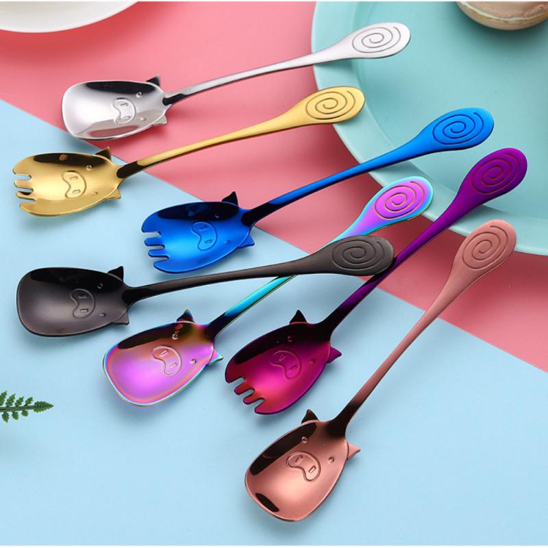 The Seven Color Pig Shape Ice Cream Spoon&amp;Fork Juice Stirring Cutlery Set Coffee Ice Cream Tool Kitchen Tools