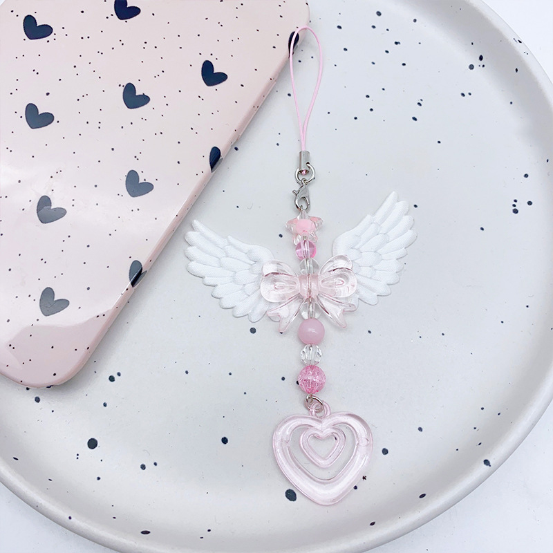 Bowknot Phone Chain Angel Wing Pendant Keychain Sweet Cool Key Phone Lanyard Acrylic Keyring Bag Ornament