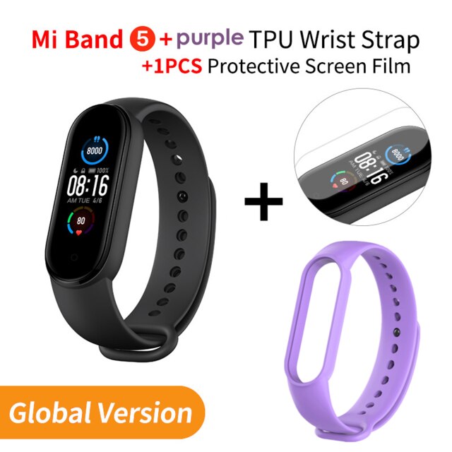 Xiaomi banda 5 versão global pulseira inteligente tela de toque miband 5 pulseira esporte rastreador de fitness monitor de freqüência cardíaca: EN Add Purple Strap