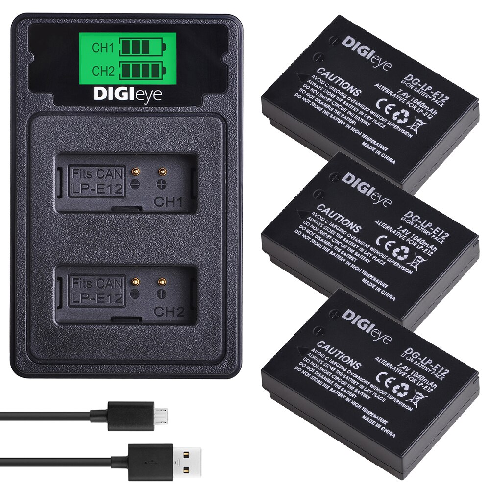 LP-E12 LPE12 Batterij + Lcd Dual Usb Charger Met Type C Voor Canon Rebel SL1, Powershot SX70HS, eos M, Eos M2, M10, M50, M100: 3 battery set