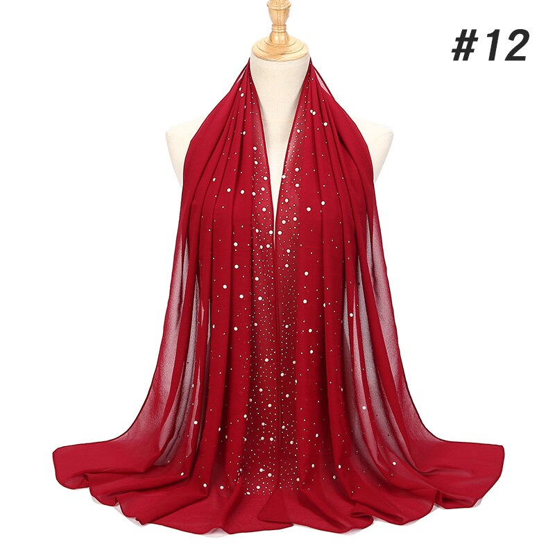 1 Pc Vrouwen Bellen Chiffon Sjaal Met Diamant Studs Parels Sjaal Vlakte Hijab Sjaals Wraps Effen Kleur Moslim hijab Sjaal: color12