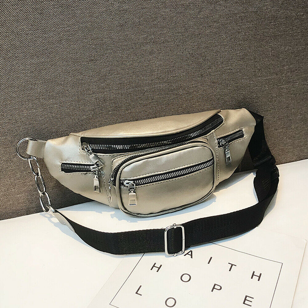 Women's Waist Belt Bag Solid Leather Fanny Pack Shoulder Chest Bag Travel Small Large Capacity Phone Pouch: Silver