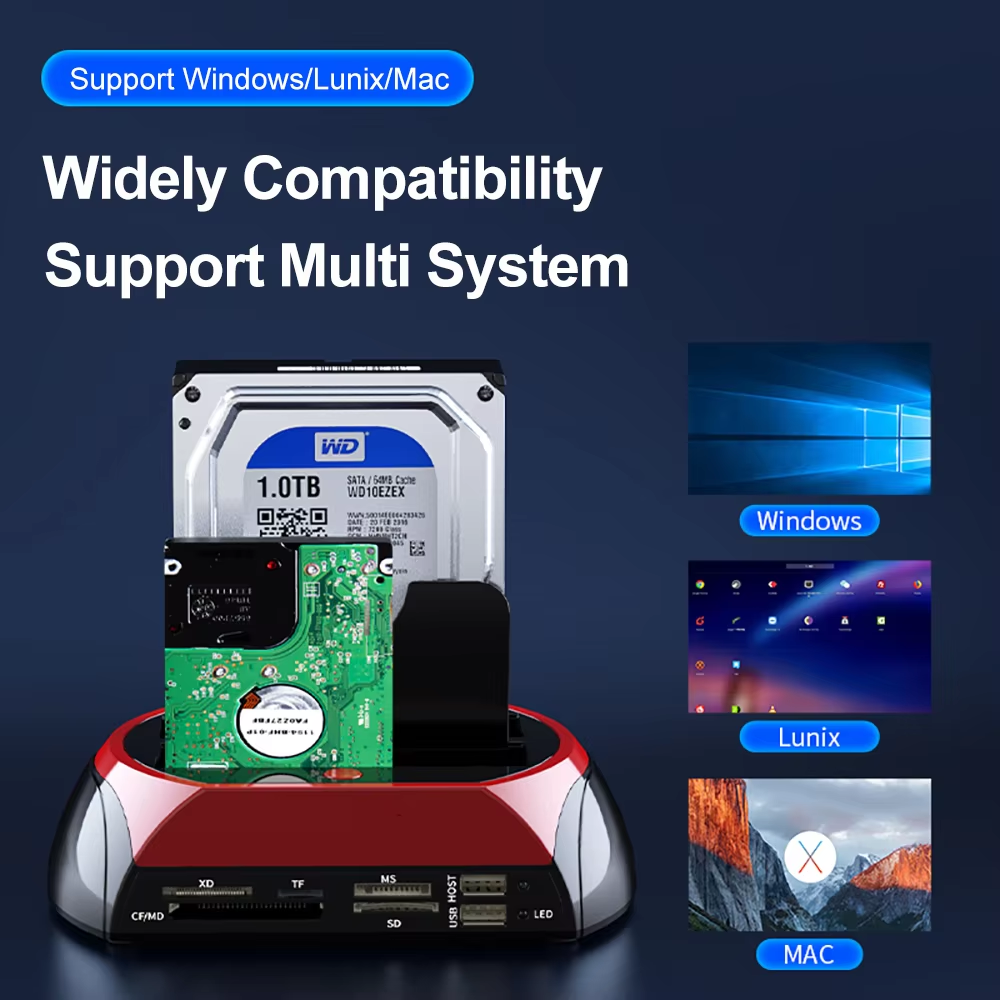 10 IN 1 Dual-bay harde schijf USB3.0 5Gbps HDD-dockingstation met 12V 3A voedingsadapter voor 2,5/3,5 inch HDD/SSD TF-kaart