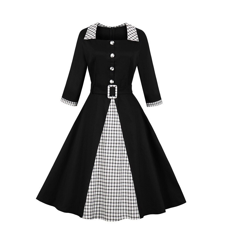 Robe femme Vintage 4XL, grande taille, Patchwork, manches offre spéciale, automne hiver 3/4 3XL: Black / XXXL