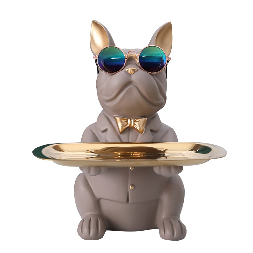 Nórdico francês bulldog escultura estátua do cão estátua de armazenamento jóias mesa decoração presente cinto placa óculos bandeja casa arte estátuas: A Grey