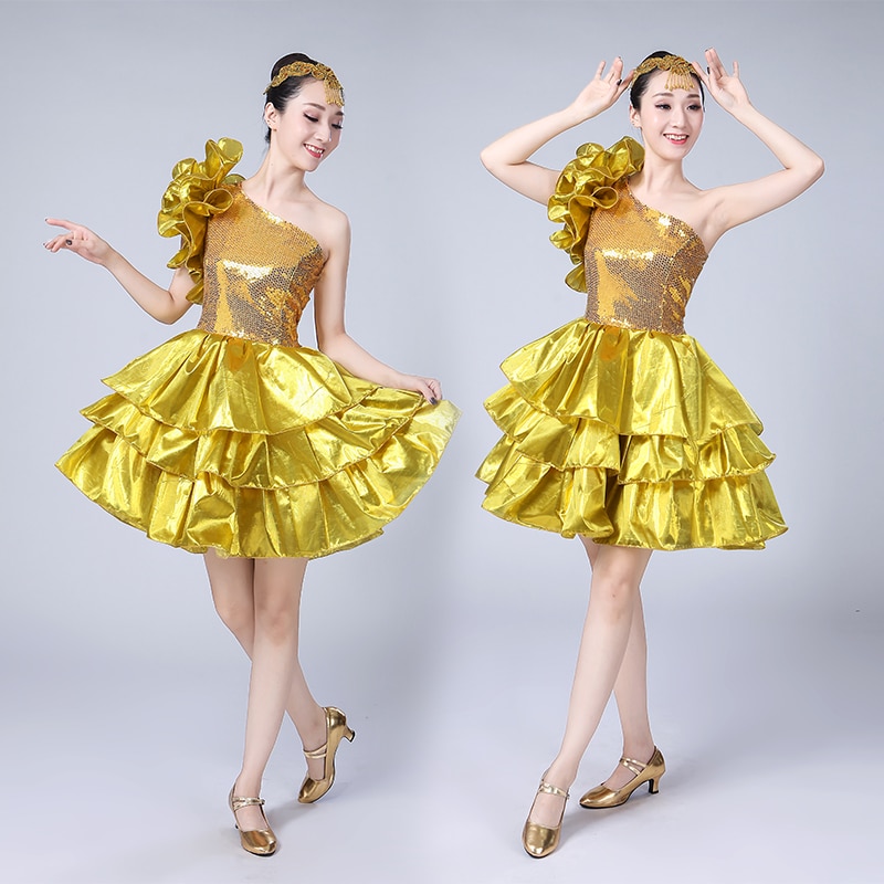 Vestido corto de macramé dorado para mujer, ropa de danza folclórica moderna para actuaciones de Coro, vestidos elegantes de talla grande para escenario DL5732
