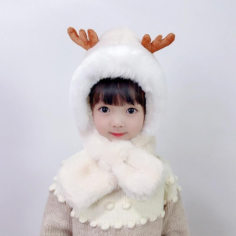 invierno niños novedad sombreros gorras niñas cálido lindo Reno sombrero de cuernos Casual de bufanda sombrero conjunto Casual niños tapas: beige