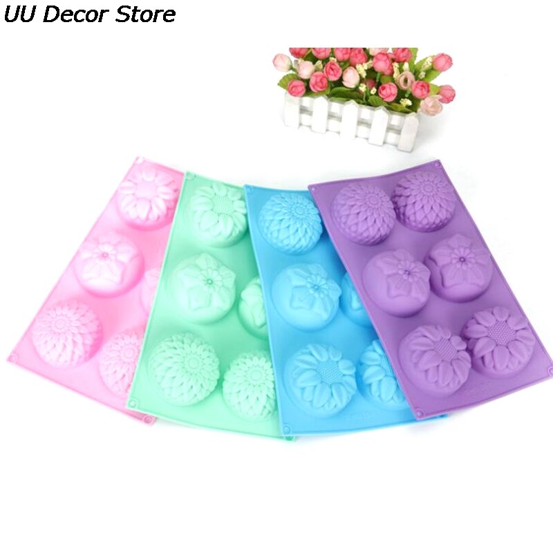 6 Gat Diy Siliconen Art Handgemaakte Zeep Ronde Bloemvorm Kaars Cake Bakvorm