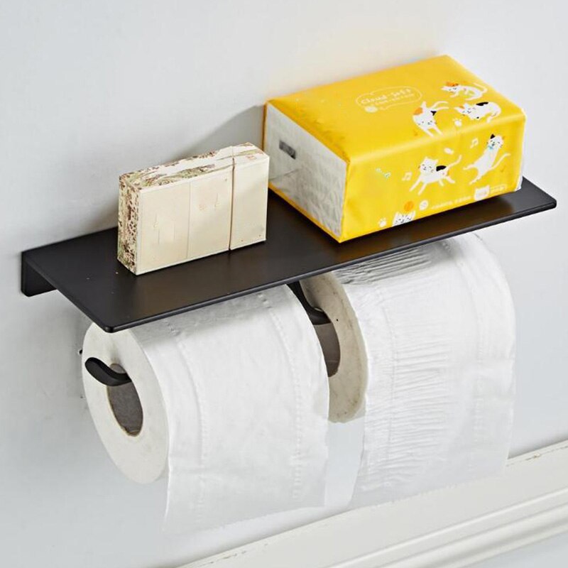 Rovogo dobbeltrulle toiletpapirholder med telefonhylde, toiletpapir dispenser vægmonteret sort