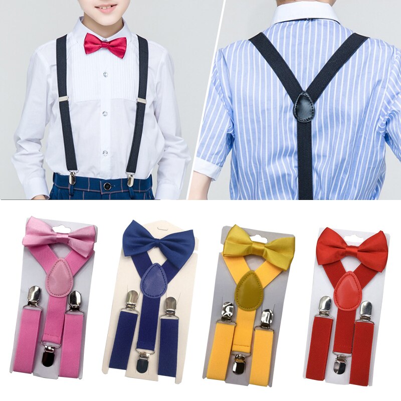 Bow Tie Suspenders Set For Baby Boys Elastic Solid Color Y-Back Braces Adjustable Suspender Children Matching Tuxedo Suit Brace