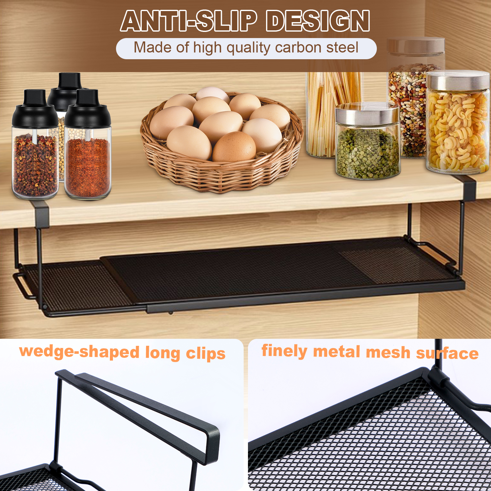 Extendable Under Cabinet Organizer Shelf Steel Closet Desk Hanging Mesh Basket Multipurpose Kitchen Household Storage Basket