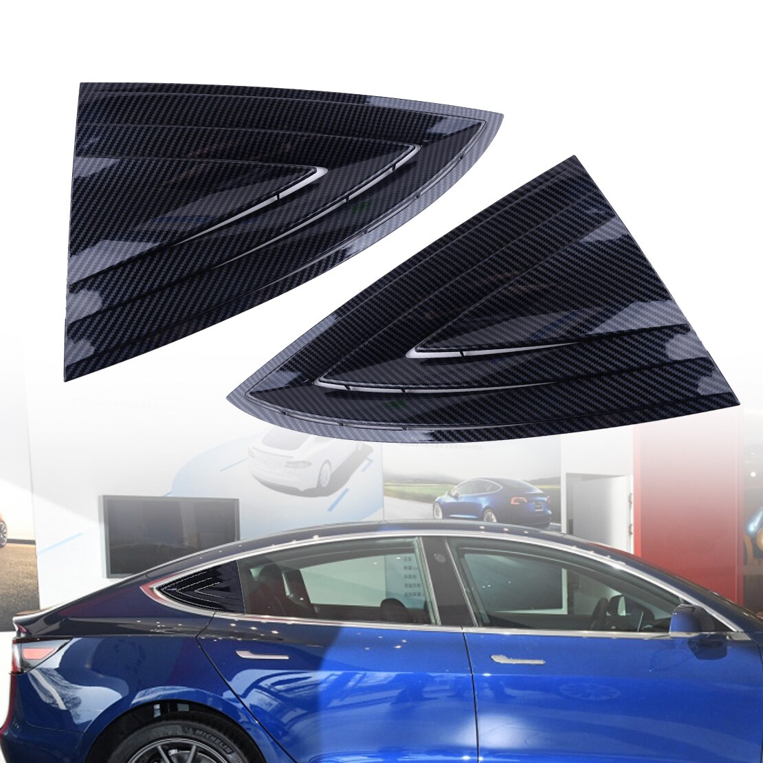 2 Stuks Achter Venster Louvre Shutter Cover Trim Frame Black Carbon Fiber Textuur Plastic Fit Voor Tesla Model 3