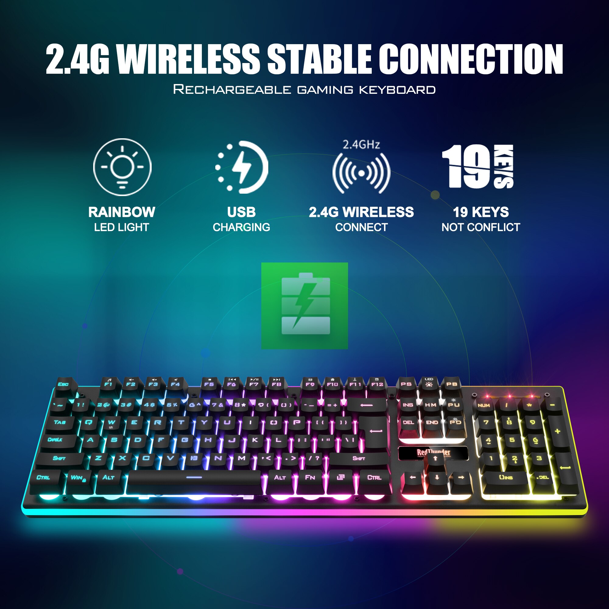 RedThunder-teclado inalámbrico K10 para juegos, recargable, sensación mecánica, retroiluminado con LED, 2,4g, para PC, Mac, PS
