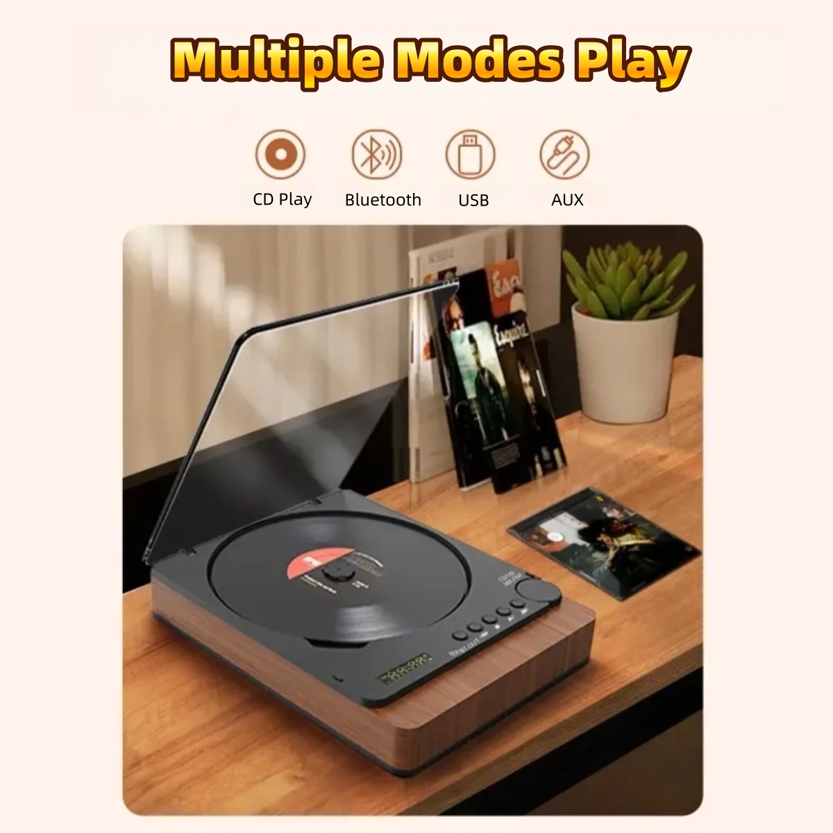 Retro CD Player with Optical Fiber LED Display HiFi Stereo Sound AUX USB Wireless Bluetooth for Home Desktop Theater Audio